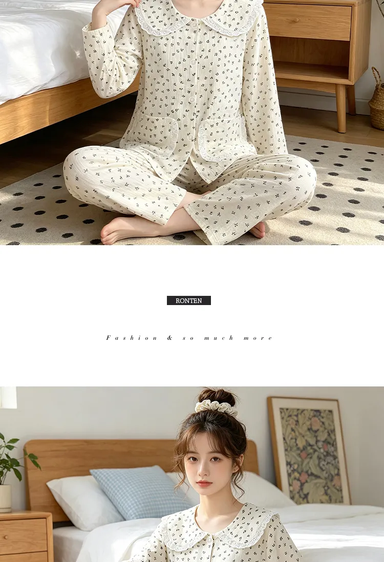 Yuanxing 28100 Ins Style Korean Sweet Floral Doll Collar Cloud Cotton Long Sleeve Pajamas Women's Loungewear Set · Wholesale · OEM · Worldwide Shipping - Detail 9