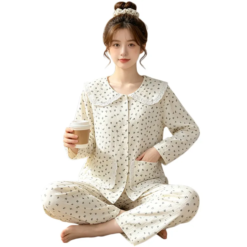 Yuanxing 28100 Ins Style Korean Sweet Floral Doll Collar Cloud Cotton Long Sleeve Pajamas Women's Loungewear Set · Wholesale · OEM · Worldwide Shipping - View 4
