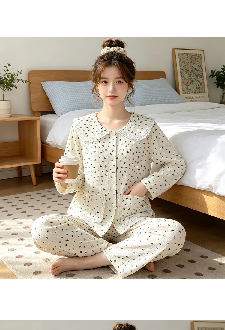 Yuanxing 28100 Ins Style Korean Sweet Floral Doll Collar Cloud Cotton Long Sleeve Pajamas Women's Loungewear Set · Wholesale · OEM · Worldwide Shipping - Detail 6