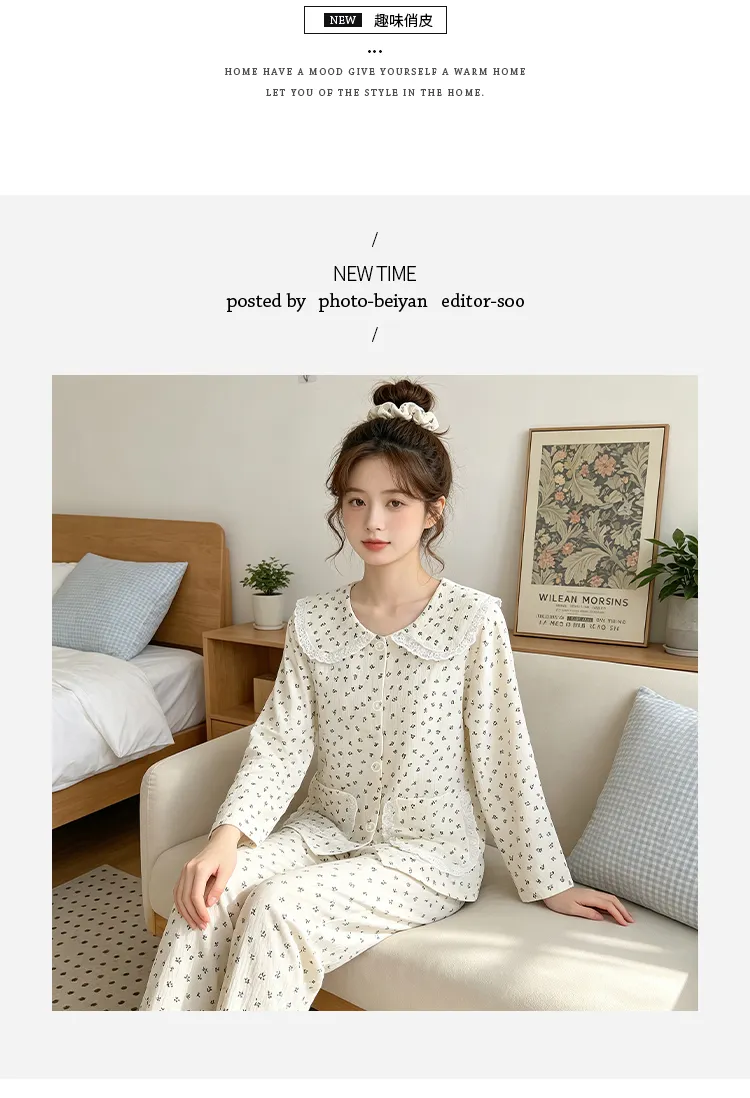 Yuanxing 28100 Ins Style Korean Sweet Floral Doll Collar Cloud Cotton Long Sleeve Pajamas Women's Loungewear Set · Wholesale · OEM · Worldwide Shipping - Detail 5