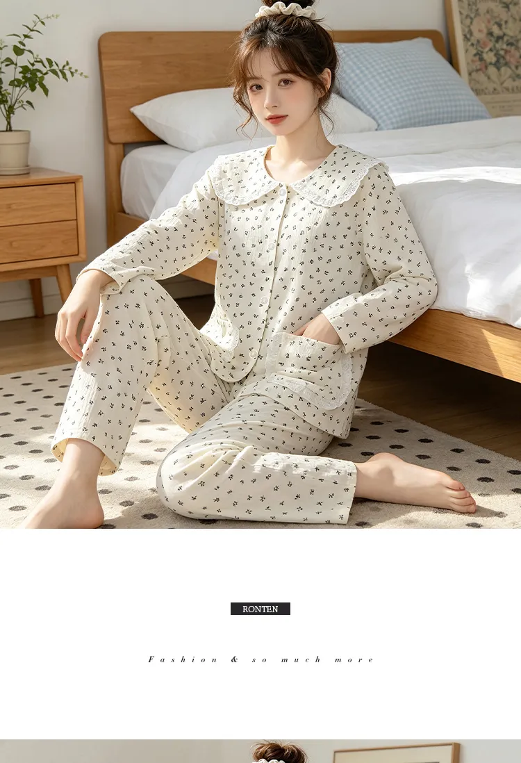 Yuanxing 28100 Ins Style Korean Sweet Floral Doll Collar Cloud Cotton Long Sleeve Pajamas Women's Loungewear Set · Wholesale · OEM · Worldwide Shipping - Detail 7