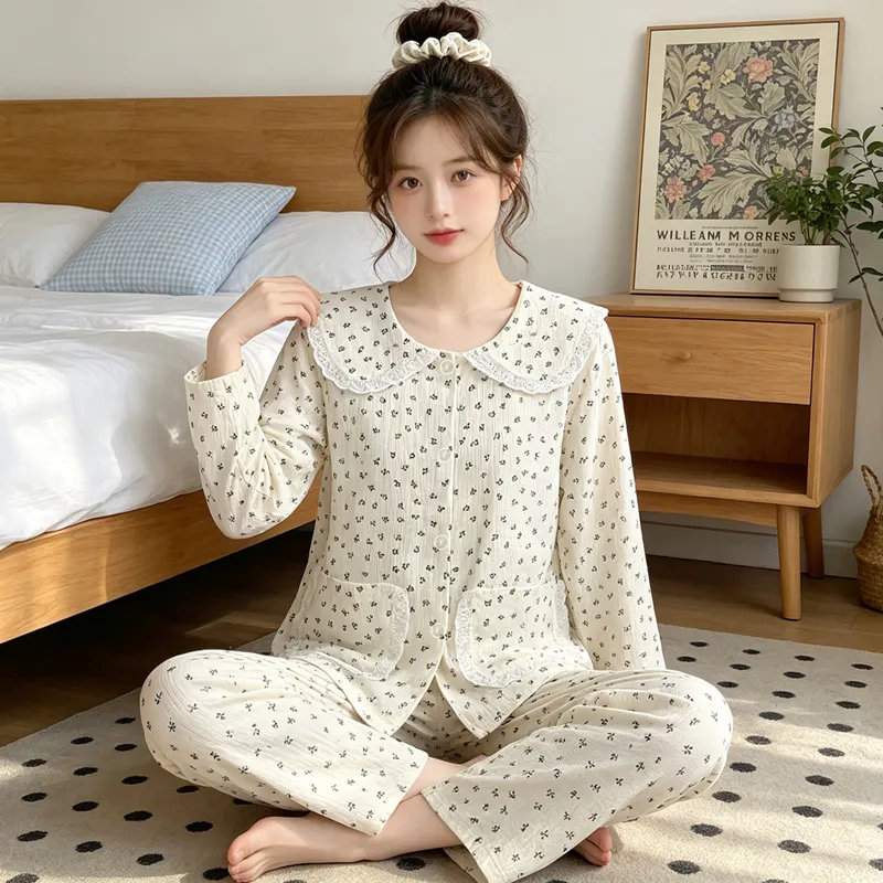 Yuanxing 28100 Ins Style Korean Sweet Floral Doll Collar Cloud Cotton Long Sleeve Pajamas Women's Loungewear Set · Wholesale · OEM · Worldwide Shipping