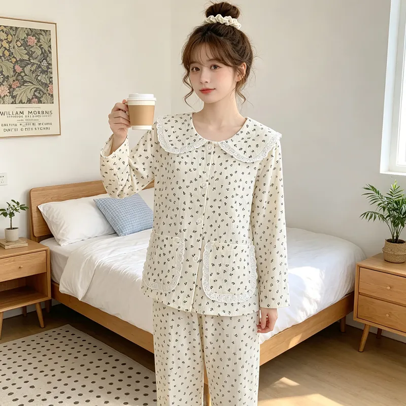 Yuanxing 28100 Ins Style Korean Sweet Floral Doll Collar Cloud Cotton Long Sleeve Pajamas Women's Loungewear Set · Wholesale · OEM · Worldwide Shipping - View 1