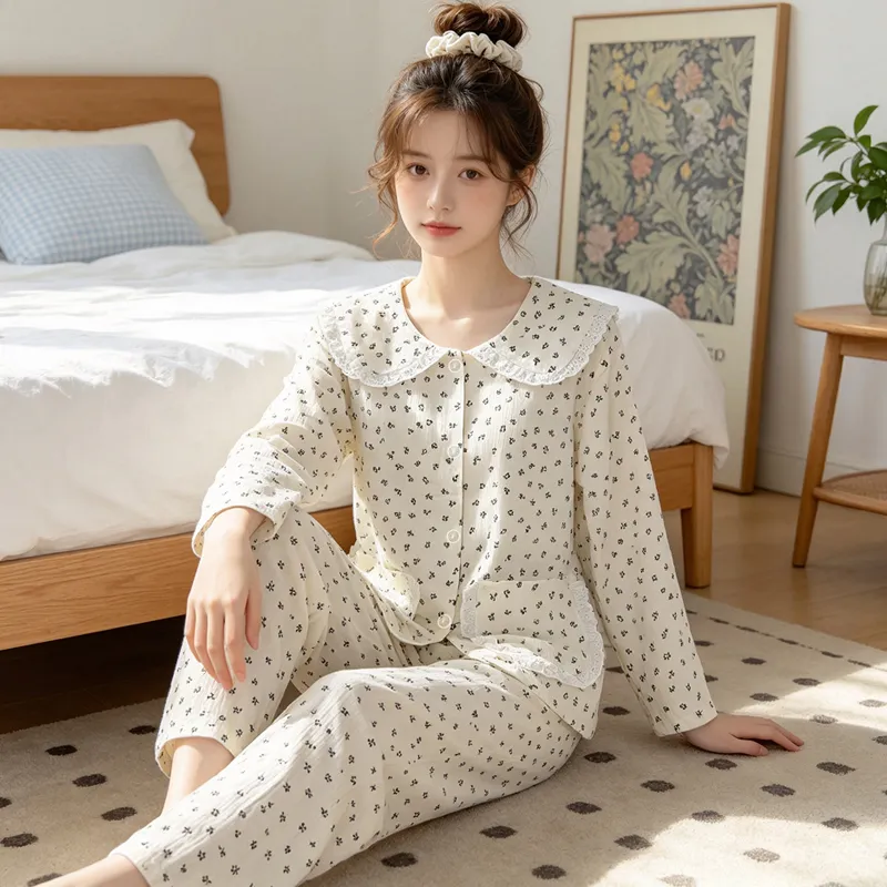 Yuanxing 28100 Ins Style Korean Sweet Floral Doll Collar Cloud Cotton Long Sleeve Pajamas Women's Loungewear Set · Wholesale · OEM · Worldwide Shipping - View 3