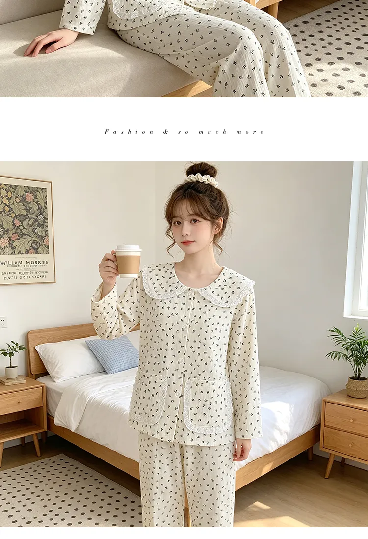 Yuanxing 28100 Ins Style Korean Sweet Floral Doll Collar Cloud Cotton Long Sleeve Pajamas Women's Loungewear Set · Wholesale · OEM · Worldwide Shipping - Detail 11