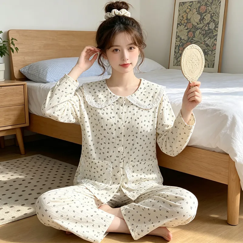 Yuanxing 28100 Ins Style Korean Sweet Floral Doll Collar Cloud Cotton Long Sleeve Pajamas Women's Loungewear Set · Wholesale · OEM · Worldwide Shipping - View 2