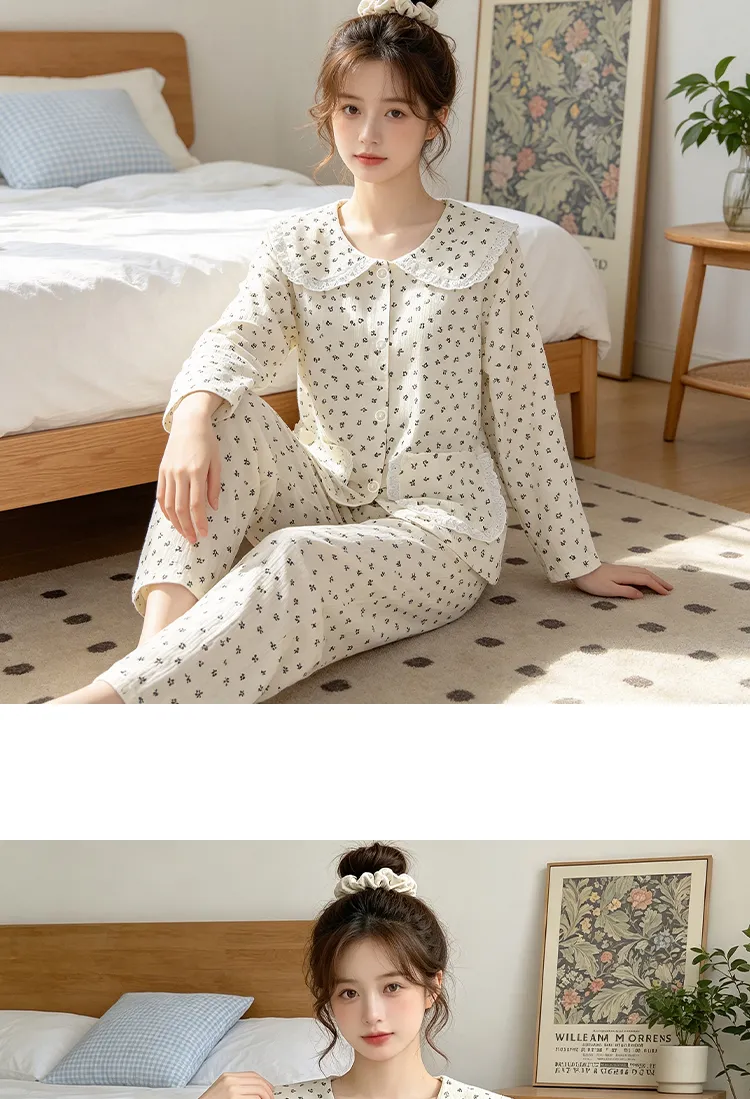 Yuanxing 28100 Ins Style Korean Sweet Floral Doll Collar Cloud Cotton Long Sleeve Pajamas Women's Loungewear Set · Wholesale · OEM · Worldwide Shipping - Detail 8
