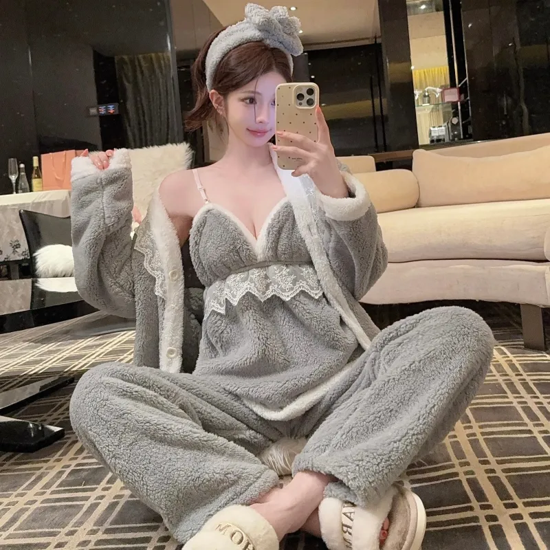 In-Stock Autumn/Winter Pajamas Women's Sexy Cami Pants Robe with Matching Headband Coral Fleece Thickened Loungewear Set · Wholesale · OEM · Worldwide Shipping - Detail 4