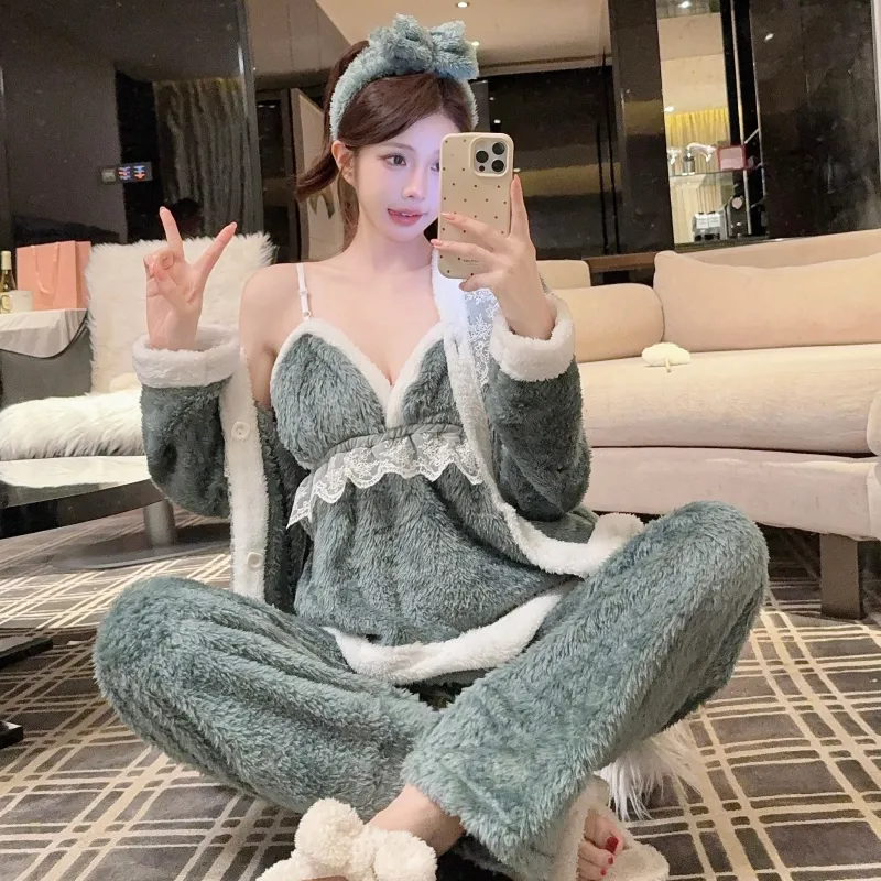 In-Stock Autumn/Winter Pajamas Women's Sexy Cami Pants Robe with Matching Headband Coral Fleece Thickened Loungewear Set · Wholesale · OEM · Worldwide Shipping - Detail 11