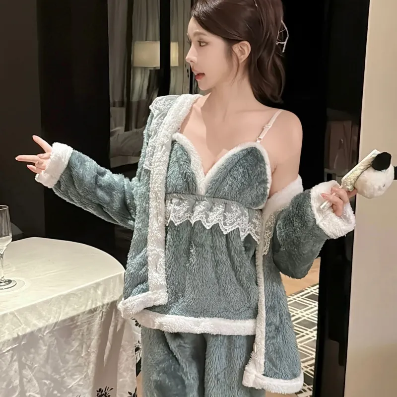 In-Stock Autumn/Winter Pajamas Women's Sexy Cami Pants Robe with Matching Headband Coral Fleece Thickened Loungewear Set · Wholesale · OEM · Worldwide Shipping - Detail 7