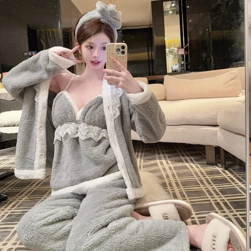 In-Stock Autumn/Winter Pajamas Women's Sexy Cami Pants Robe with Matching Headband Coral Fleece Thickened Loungewear Set · Wholesale · OEM · Worldwide Shipping - Detail 28