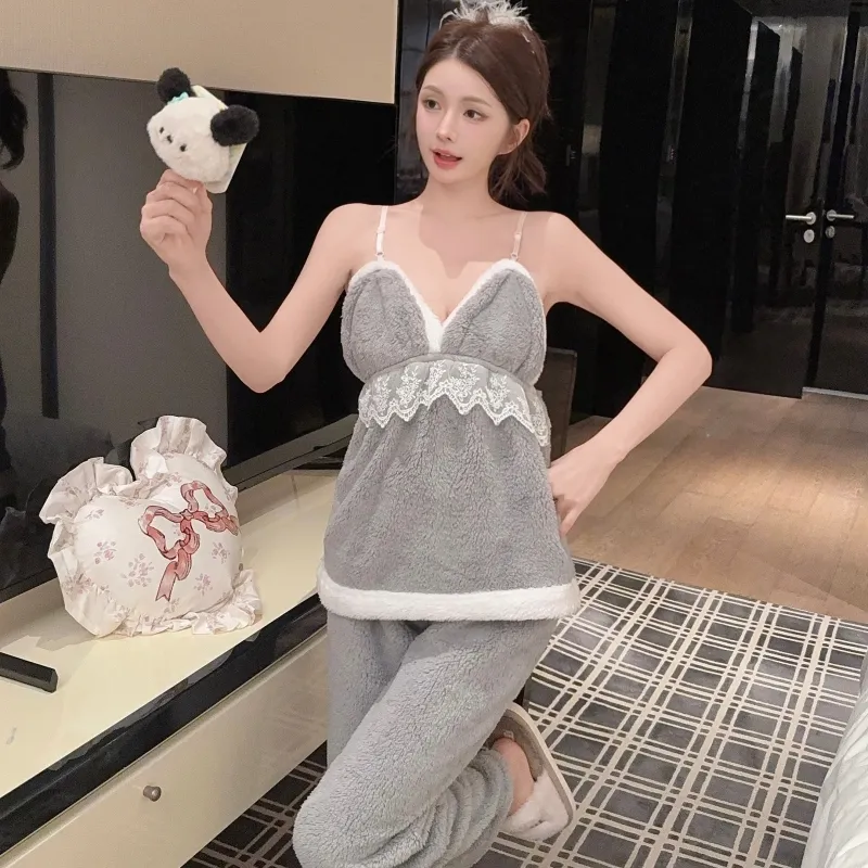 In-Stock Autumn/Winter Pajamas Women's Sexy Cami Pants Robe with Matching Headband Coral Fleece Thickened Loungewear Set · Wholesale · OEM · Worldwide Shipping - Detail 21