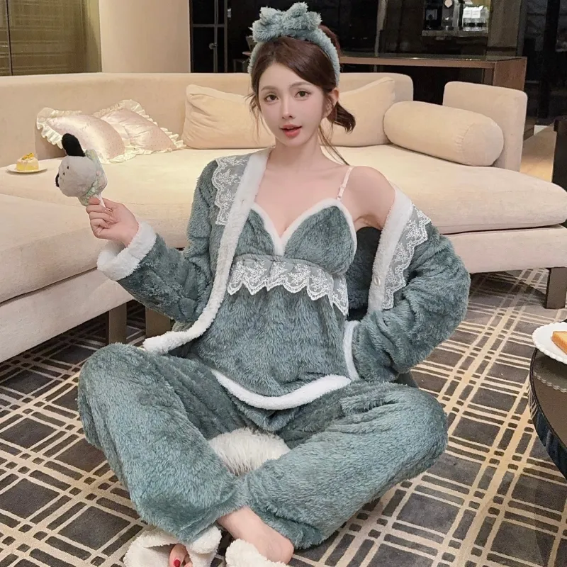 In-Stock Autumn/Winter Pajamas Women's Sexy Cami Pants Robe with Matching Headband Coral Fleece Thickened Loungewear Set · Wholesale · OEM · Worldwide Shipping - Detail 23