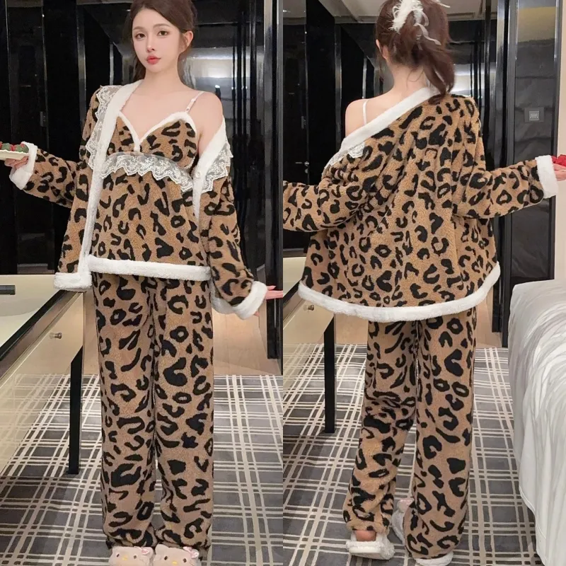 In-Stock Autumn/Winter Pajamas Women's Sexy Cami Pants Robe with Matching Headband Coral Fleece Thickened Loungewear Set · Wholesale · OEM · Worldwide Shipping - View 2
