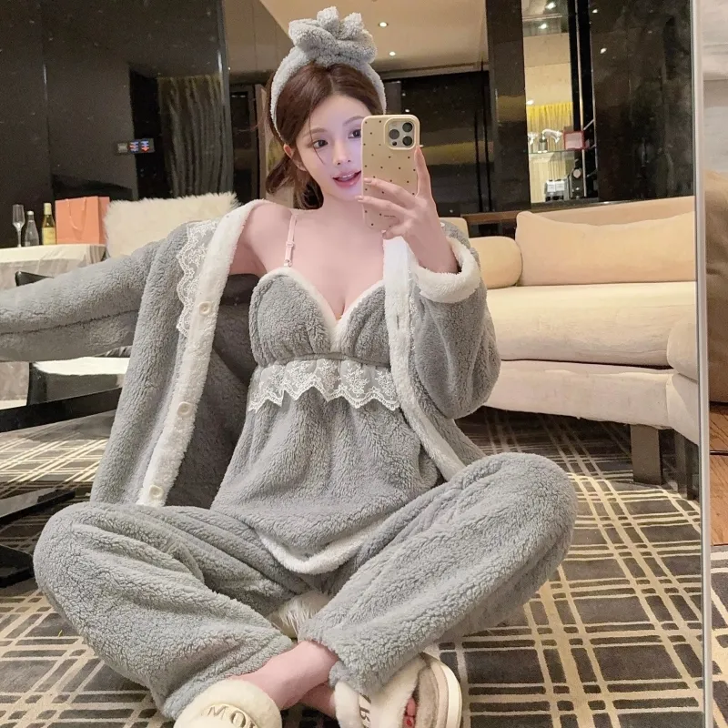 In-Stock Autumn/Winter Pajamas Women's Sexy Cami Pants Robe with Matching Headband Coral Fleece Thickened Loungewear Set · Wholesale · OEM · Worldwide Shipping - Detail 3