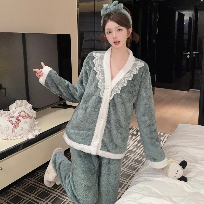 In-Stock Autumn/Winter Pajamas Women's Sexy Cami Pants Robe with Matching Headband Coral Fleece Thickened Loungewear Set · Wholesale · OEM · Worldwide Shipping - Detail 14