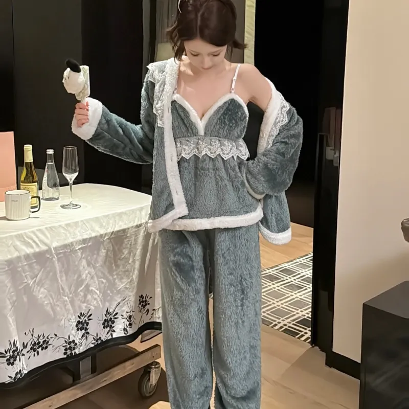 In-Stock Autumn/Winter Pajamas Women's Sexy Cami Pants Robe with Matching Headband Coral Fleece Thickened Loungewear Set · Wholesale · OEM · Worldwide Shipping - Detail 9