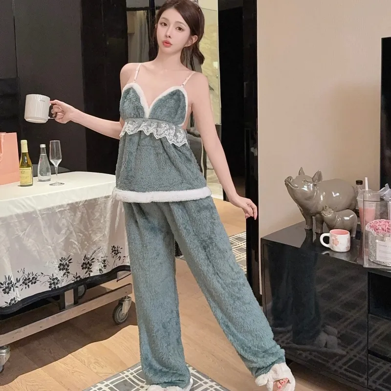 In-Stock Autumn/Winter Pajamas Women's Sexy Cami Pants Robe with Matching Headband Coral Fleece Thickened Loungewear Set · Wholesale · OEM · Worldwide Shipping - Detail 6