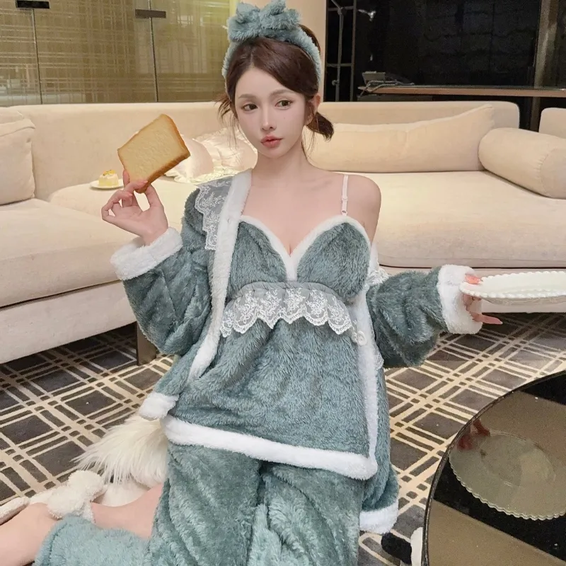In-Stock Autumn/Winter Pajamas Women's Sexy Cami Pants Robe with Matching Headband Coral Fleece Thickened Loungewear Set · Wholesale · OEM · Worldwide Shipping - Detail 12