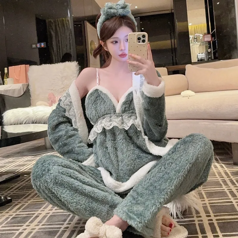In-Stock Autumn/Winter Pajamas Women's Sexy Cami Pants Robe with Matching Headband Coral Fleece Thickened Loungewear Set · Wholesale · OEM · Worldwide Shipping - View 3
