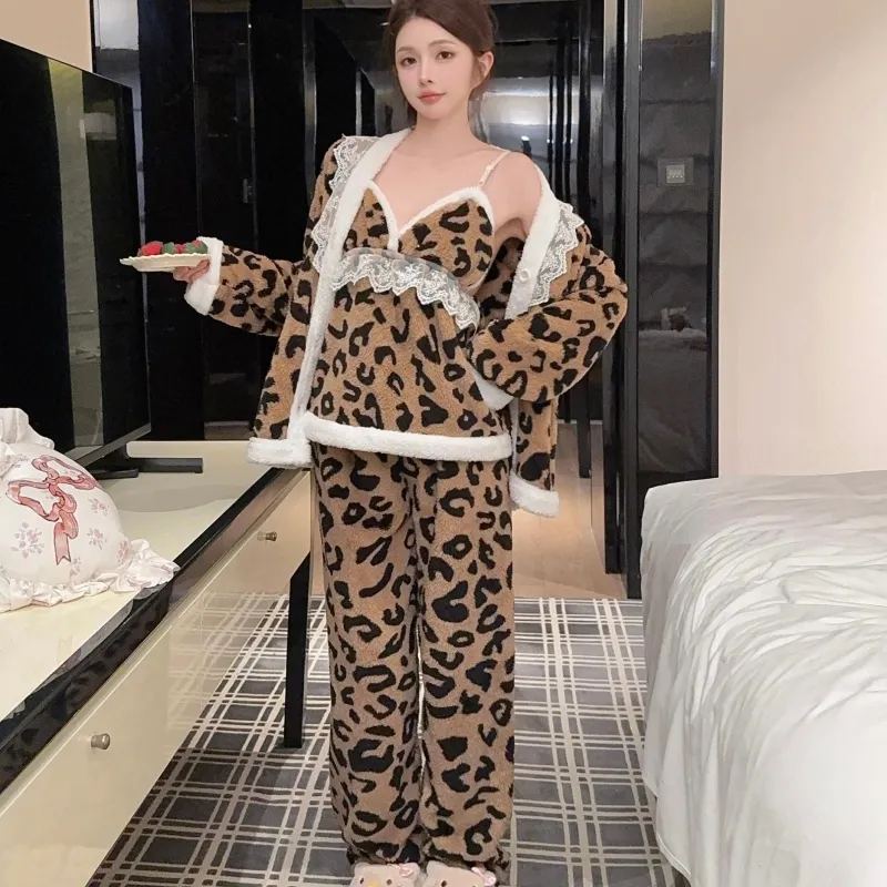 In-Stock Autumn/Winter Pajamas Women's Sexy Cami Pants Robe with Matching Headband Coral Fleece Thickened Loungewear Set · Wholesale · OEM · Worldwide Shipping - Detail 17