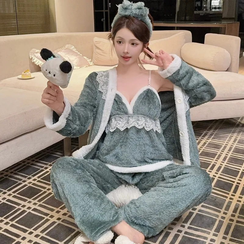 In-Stock Autumn/Winter Pajamas Women's Sexy Cami Pants Robe with Matching Headband Coral Fleece Thickened Loungewear Set · Wholesale · OEM · Worldwide Shipping - Detail 10