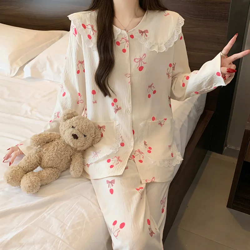 Yuanxing 28154 Korean Style Ins Sweet Cherry Comfortable Soft Cloud Cotton Pajamas Women's Loungewear Set · Wholesale · OEM · Worldwide Shipping - View 1