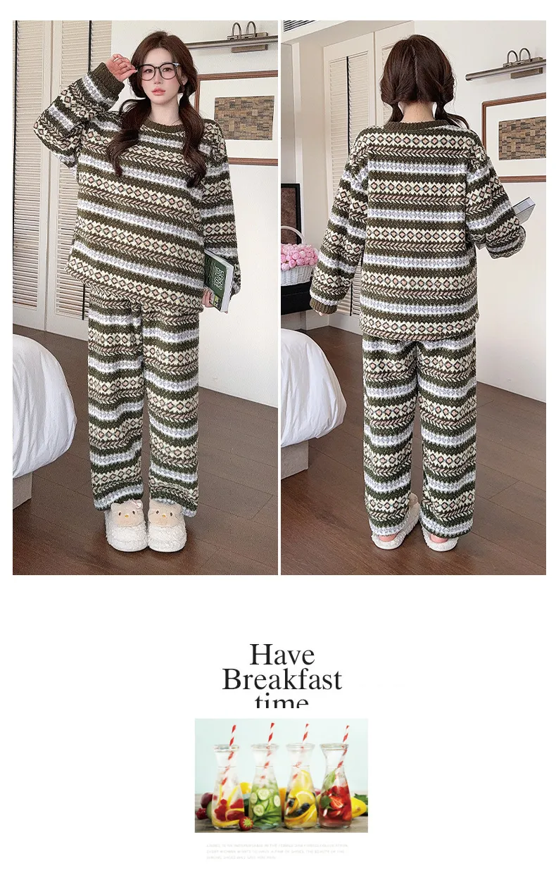 Pyjama femme en velours mi-côtelé, loisir d'hiver, col rond, manches longues, pantalon long, grande taille jusqu'à 110 kg, tenue d'intérieur · Grossiste · OEM · Mondial - Detail 24
