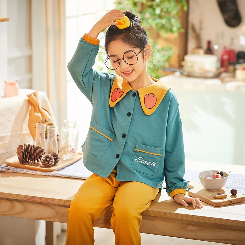2903# Girls' Pure Cotton Cardigan Pajama Set, Long Sleeve Long Pants, Loungewear for Big Kids · Wholesale · OEM · Worldwide Shipping - View 1