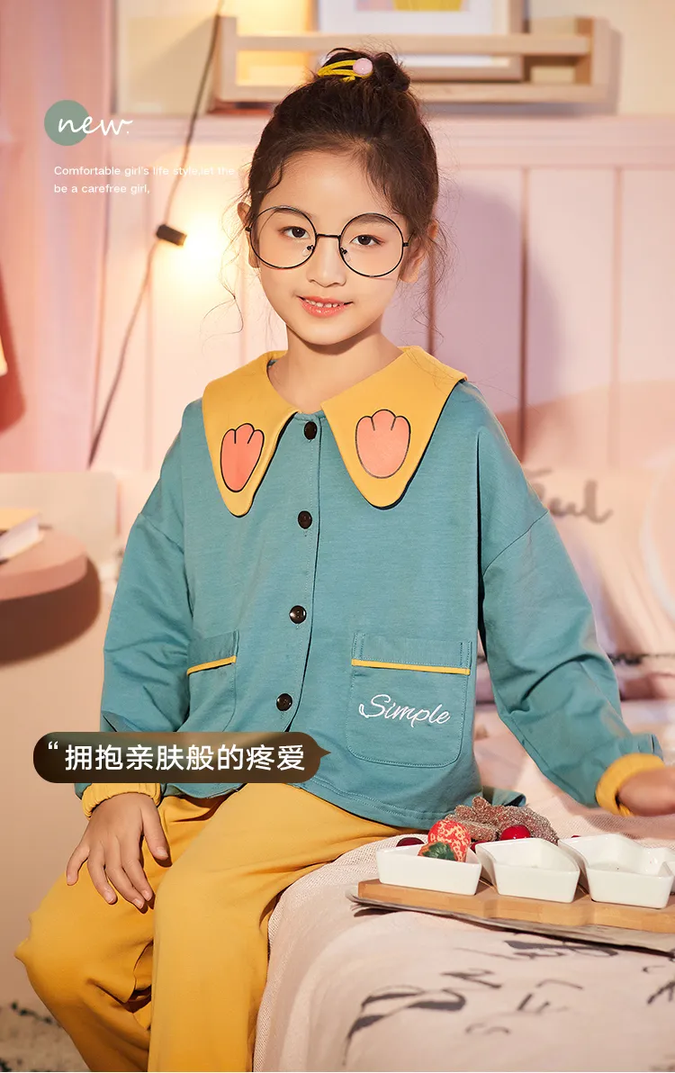2903# Girls' Pure Cotton Cardigan Pajama Set, Long Sleeve Long Pants, Loungewear for Big Kids · Wholesale · OEM · Worldwide Shipping - Detail 1