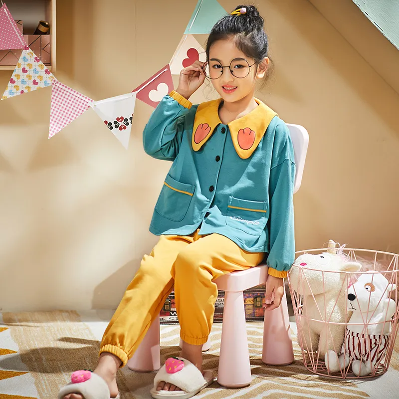 2903# Girls' Pure Cotton Cardigan Pajama Set, Long Sleeve Long Pants, Loungewear for Big Kids · Wholesale · OEM · Worldwide Shipping