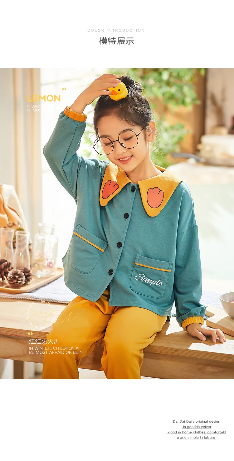 2903# Girls' Pure Cotton Cardigan Pajama Set, Long Sleeve Long Pants, Loungewear for Big Kids · Wholesale · OEM · Worldwide Shipping - Detail 3