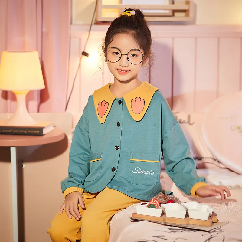2903# Girls' Pure Cotton Cardigan Pajama Set, Long Sleeve Long Pants, Loungewear for Big Kids · Wholesale · OEM · Worldwide Shipping - View 3