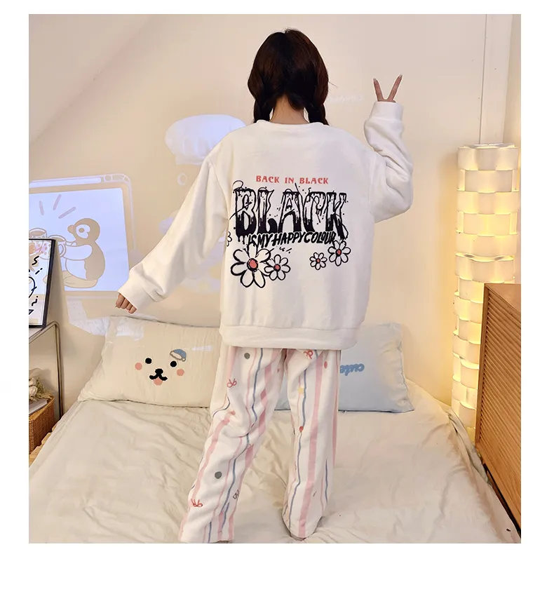 Nouvelle flanelle 260g pyjama femme hiver mi-épais manches longues pantalon long ensemble mignon cartoon ample tenue d'intérieur · Grossiste · OEM · Mondial - Detail 13