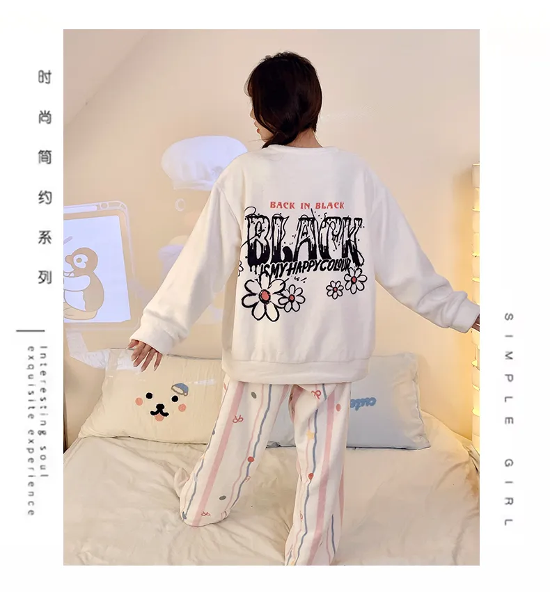 Nouvelle flanelle 260g pyjama femme hiver mi-épais manches longues pantalon long ensemble mignon cartoon ample tenue d'intérieur · Grossiste · OEM · Mondial - Detail 10