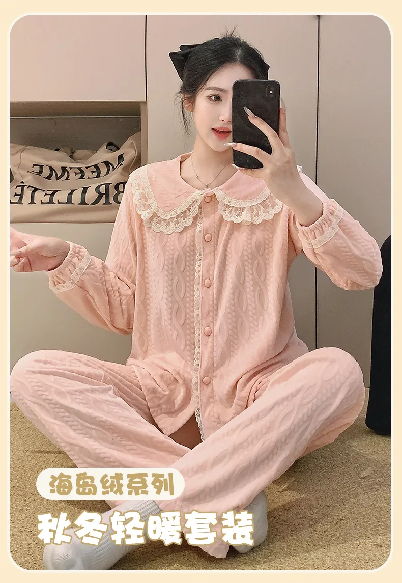 Nouveauté 2026 Ensemble de pyjama femme en velours polaire, manches longues, chaud pour automne-hiver, tenue d'intérieur douce · Grossiste · OEM · Mondial - Detail 3