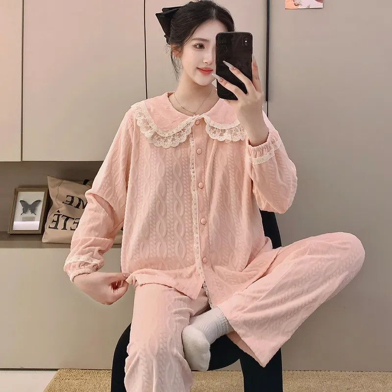 Nouveauté 2026 Ensemble de pyjama femme en velours polaire, manches longues, chaud pour automne-hiver, tenue d'intérieur douce · Grossiste · OEM · Mondial - View 3
