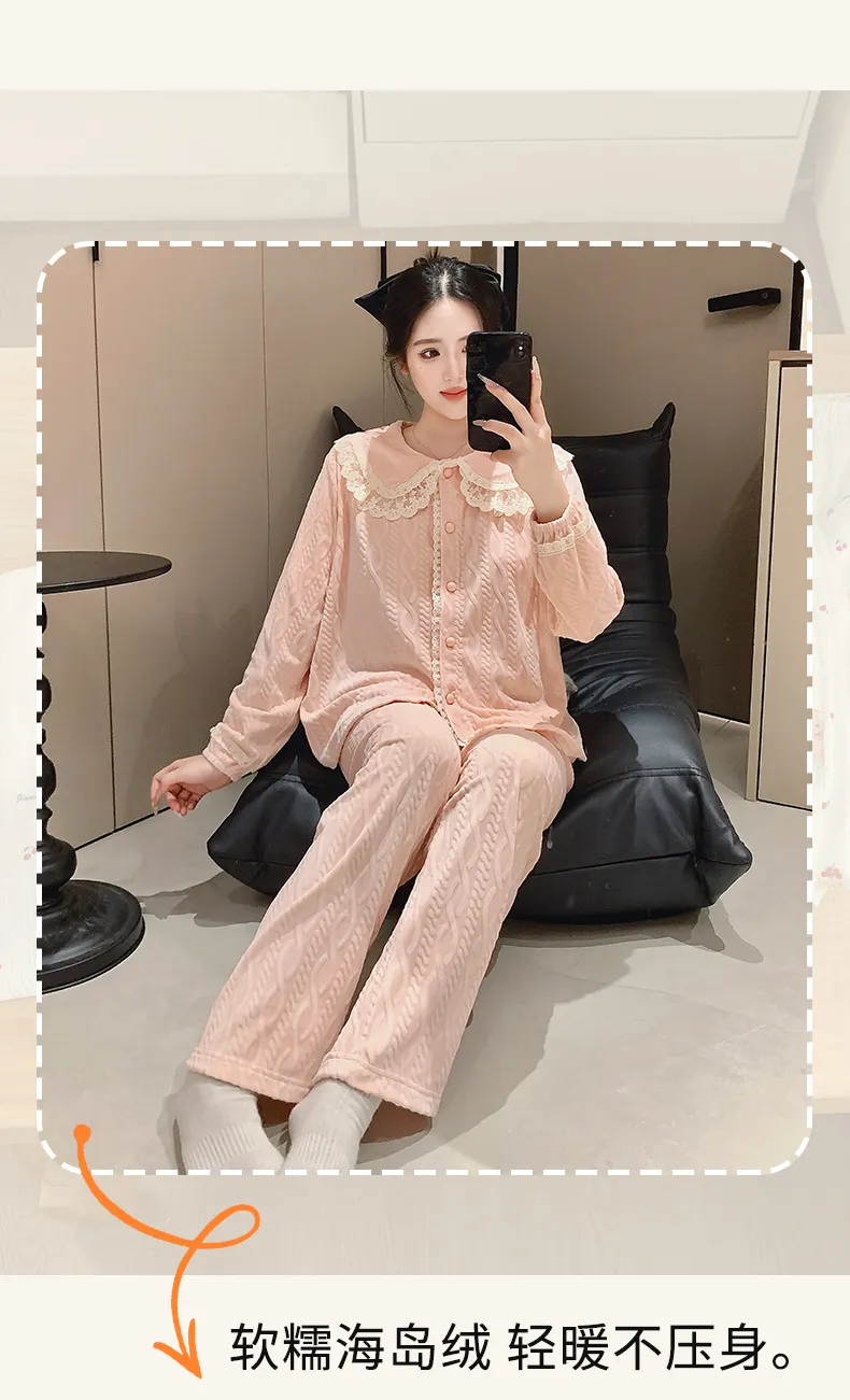 Nouveauté 2026 Ensemble de pyjama femme en velours polaire, manches longues, chaud pour automne-hiver, tenue d'intérieur douce · Grossiste · OEM · Mondial - Detail 11