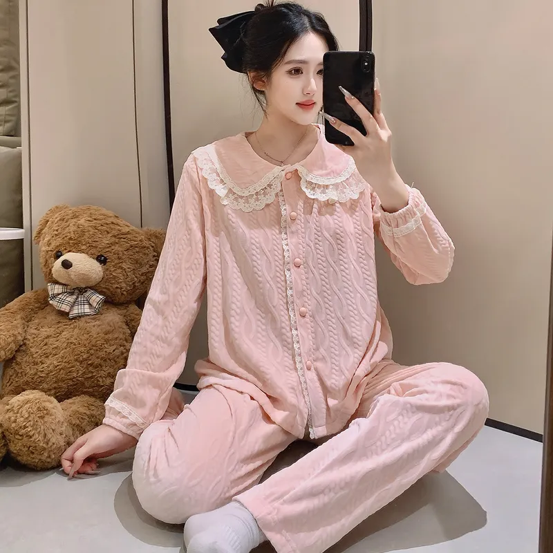 Nouveauté 2026 Ensemble de pyjama femme en velours polaire, manches longues, chaud pour automne-hiver, tenue d'intérieur douce · Grossiste · OEM · Mondial - View 2