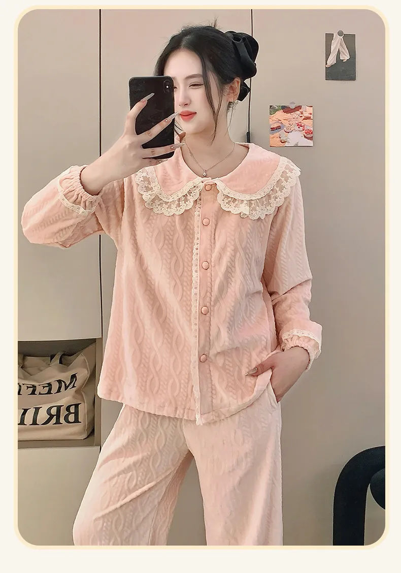 Nouveauté 2026 Ensemble de pyjama femme en velours polaire, manches longues, chaud pour automne-hiver, tenue d'intérieur douce · Grossiste · OEM · Mondial - Detail 14