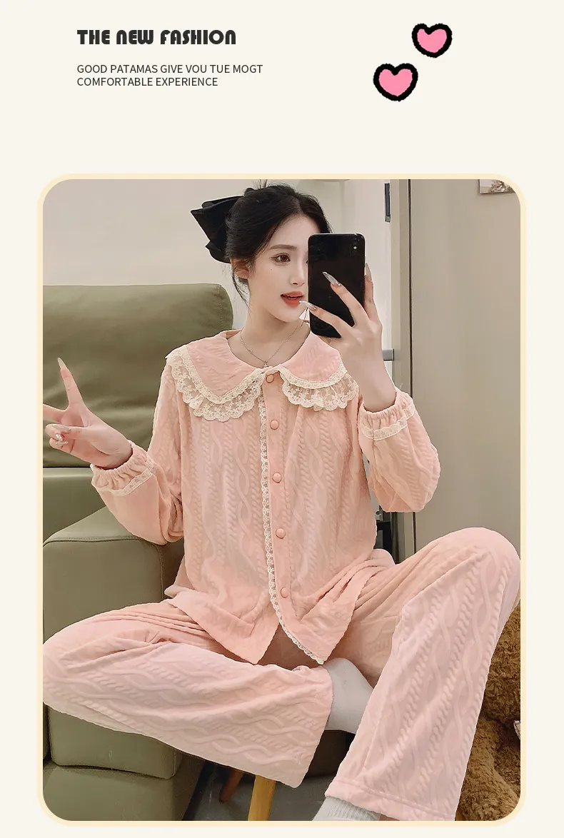 Nouveauté 2026 Ensemble de pyjama femme en velours polaire, manches longues, chaud pour automne-hiver, tenue d'intérieur douce · Grossiste · OEM · Mondial - Detail 9