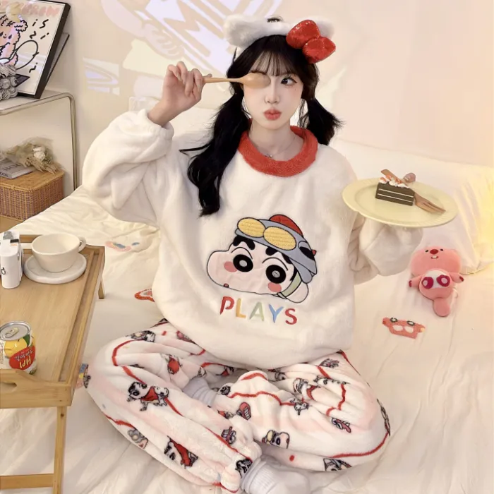 Nouveauté automne-hiver 2026, pyjama pour jeune fille en flanelle 290 g, col rond, épais, adorable motif cartoon, ensemble de homewear · Grossiste · OEM · Mondial - Detail 9