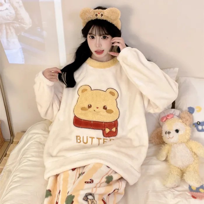 Nouveauté automne-hiver 2026, pyjama pour jeune fille en flanelle 290 g, col rond, épais, adorable motif cartoon, ensemble de homewear · Grossiste · OEM · Mondial - Detail 8