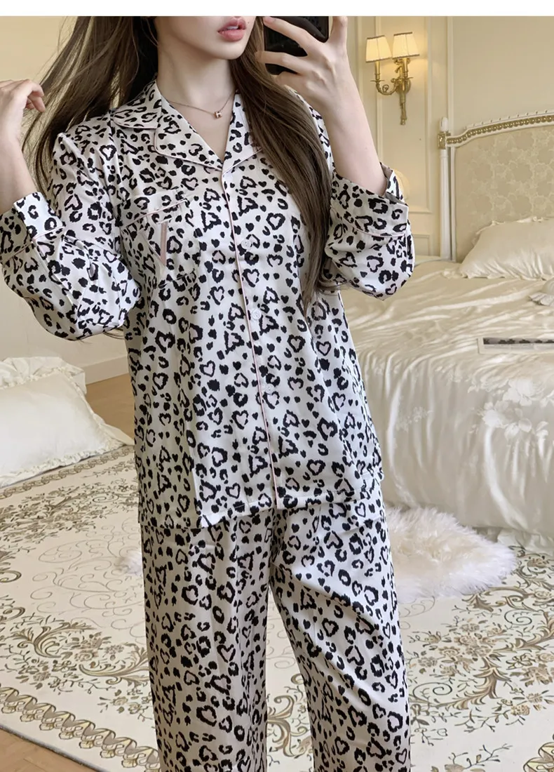 Western-Style Ice Silk Pajama Set, Leopard Print Long Sleeve Premium Spring/Autumn Loungewear, Wearable Outside · Wholesale · OEM · Worldwide Shipping - Detail 12