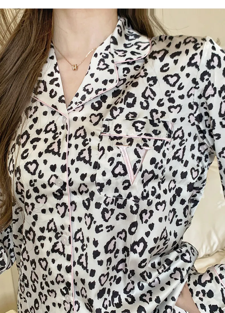 Western-Style Ice Silk Pajama Set, Leopard Print Long Sleeve Premium Spring/Autumn Loungewear, Wearable Outside · Wholesale · OEM · Worldwide Shipping - Detail 9