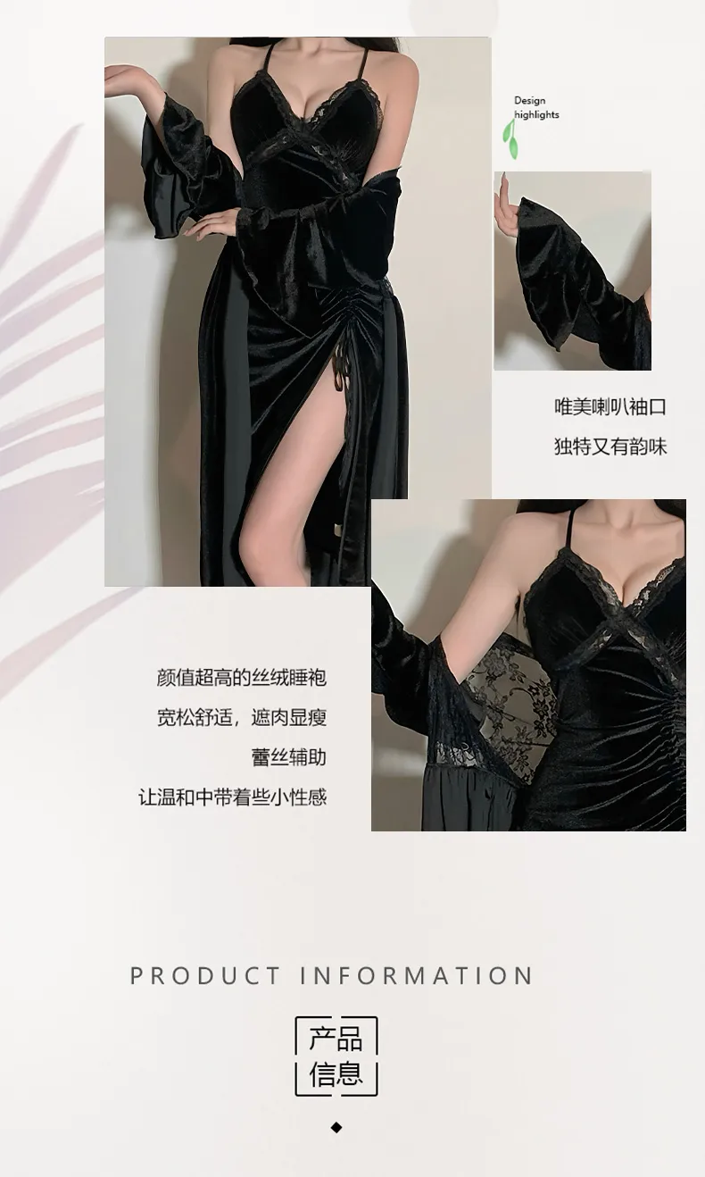 섹시한 잠옷 여성 골드 벨벳 슬립 원피스 등 노출 하이 슬릿 순수 유혹 패드 포함 홈웨어 · 도매 · OEM · 전 세계 배송 - Detail 3