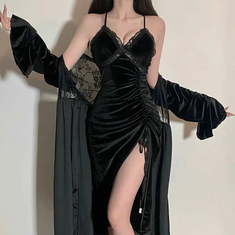 Nuisette sexy pour femme en velours doré, bretelles fines, dos nu, fente haute, pure séduction, avec coussinets, vêtement d'intérieur