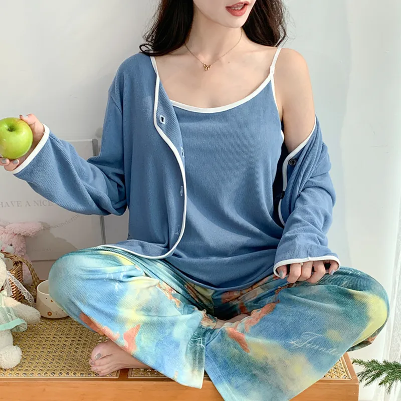 Real Photo Spring/Autumn Dralon Fleece Sexy Three-Piece Pajama Set with Padding, Item 32197-31# · Wholesale · OEM · Worldwide Shipping