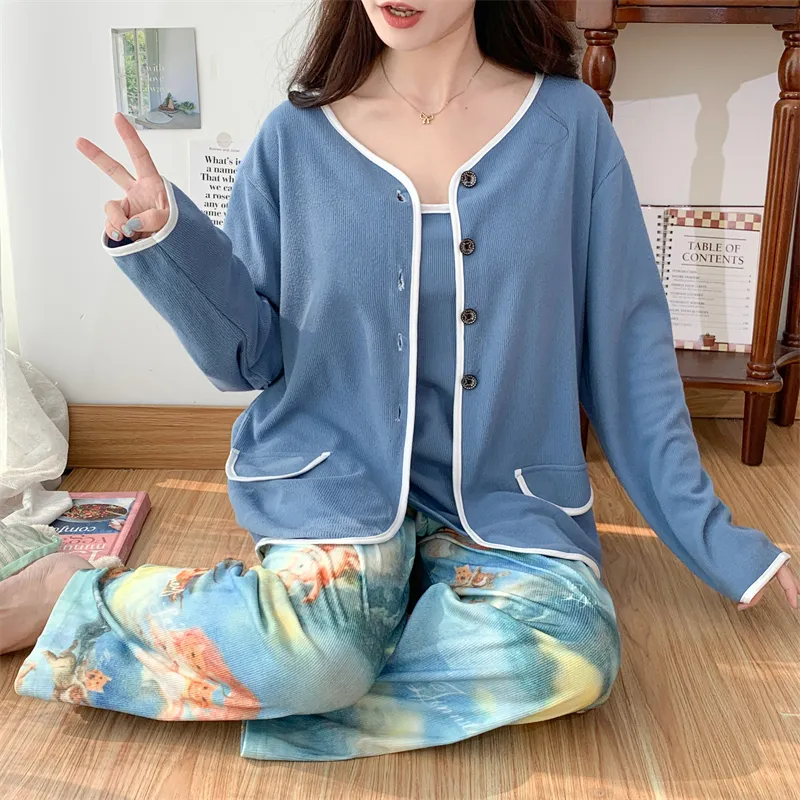 Real Photo Spring/Autumn Dralon Fleece Sexy Three-Piece Pajama Set with Padding, Item 32197-31# · Wholesale · OEM · Worldwide Shipping - View 1