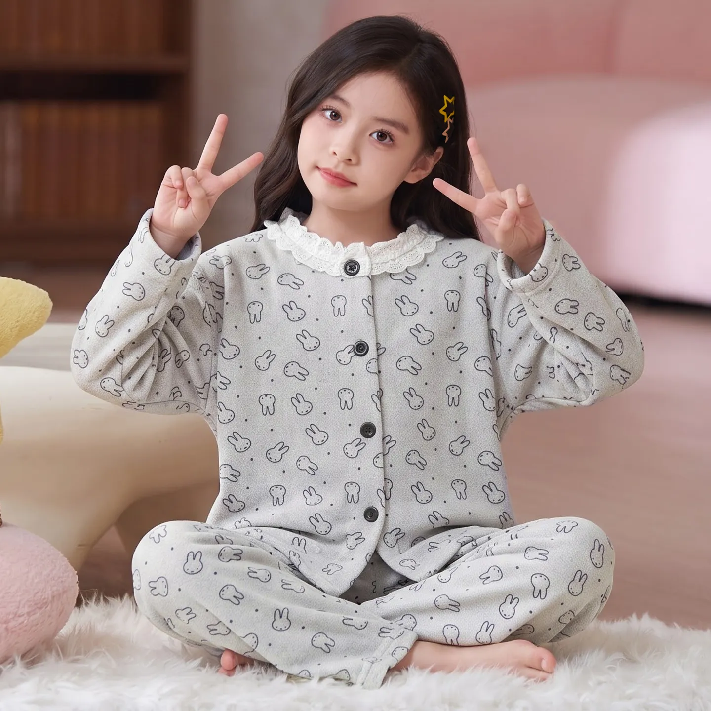 Setelan Piyama Anak Musim Dingin Terbaru untuk Anak Perempuan, Fleece Dralon Lengan Panjang, Pakaian Rumah untuk Anak Usia Besar · Grosir · OEM · Pengiriman Global